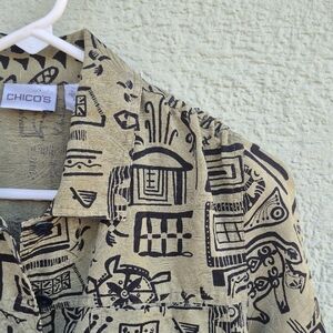 Chico's Ladies Vintage Linen/Silk Blend Olive and Black Luxury Fabric Top